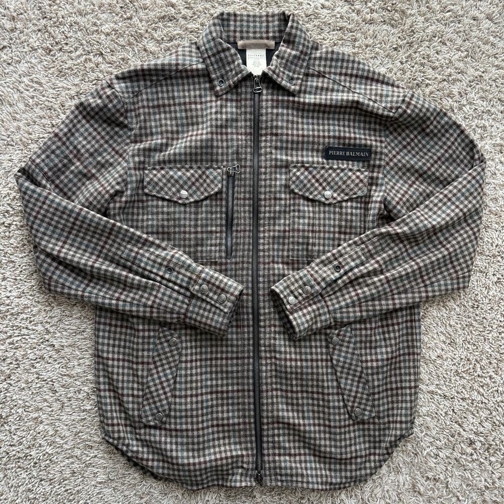 Vintage Pierre Balmain Italy Wool Full Zip Jacket Brown Plaid Men’s Size Large